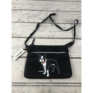 NWT MARC TETRO BOSTON TERRIER DOG DOUBLE ZIP CROSSBODY BAG LARGE IN BLACK